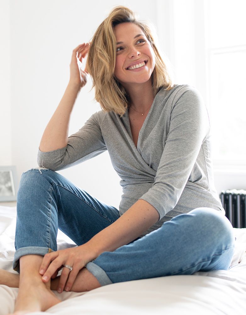 Women Seraphine Essentials Grey Cotton ¾ Sleeve Skin To Skin Top