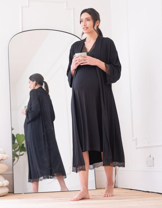 Women Seraphine Sleepwear Lace Trim Kimono-Style Dressing Maternity-To-Nursing Gown