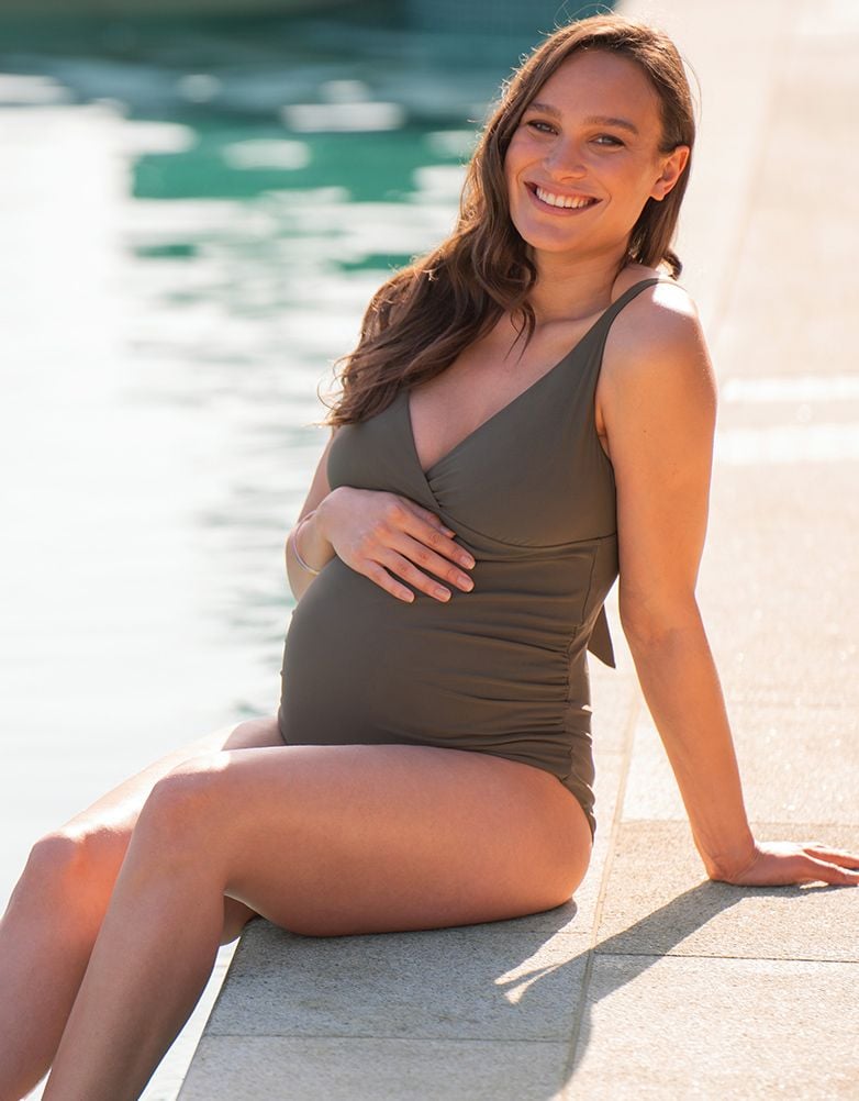 Women Seraphine Beach & Swimwear Khaki Tie-Back Maternity Swimsuit