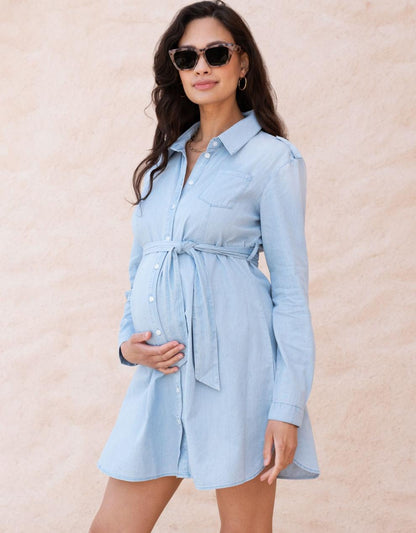 Women Seraphine Dresses Cotton Chambray Belted Maternity-To-Nursing Tunic
