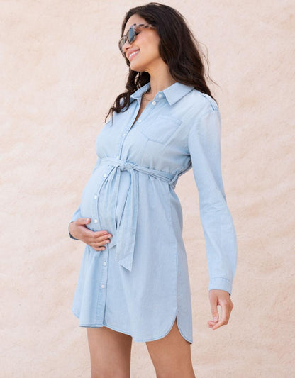 Women Seraphine Dresses Cotton Chambray Belted Maternity-To-Nursing Tunic
