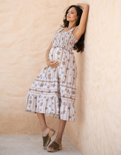 Women Seraphine Dresses Cotton Shirred Strappy Midi Maternity-To-Nursing Dress