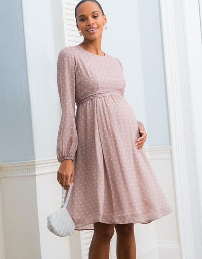 Women Seraphine Dresses Taupe & White Spot Chiffon Maternity To Nursing Dress