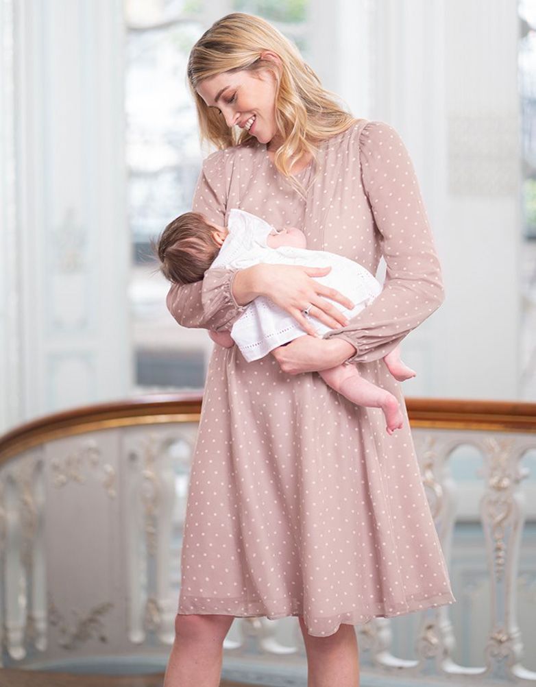 Women Seraphine Dresses Taupe & White Spot Chiffon Maternity To Nursing Dress