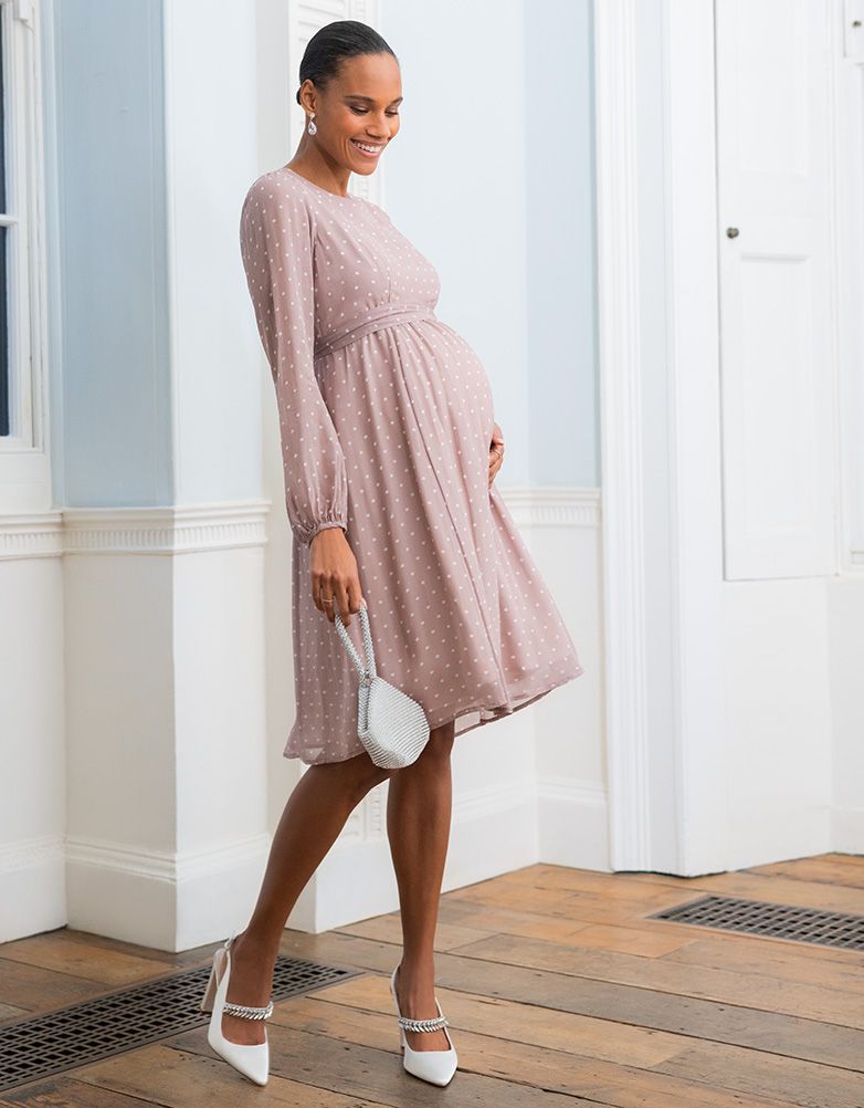 Women Seraphine Dresses Taupe & White Spot Chiffon Maternity To Nursing Dress