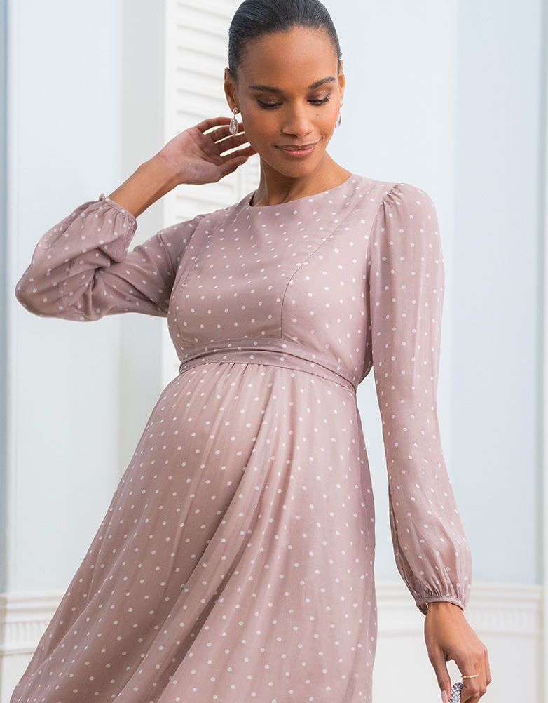Women Seraphine Dresses Taupe & White Spot Chiffon Maternity To Nursing Dress