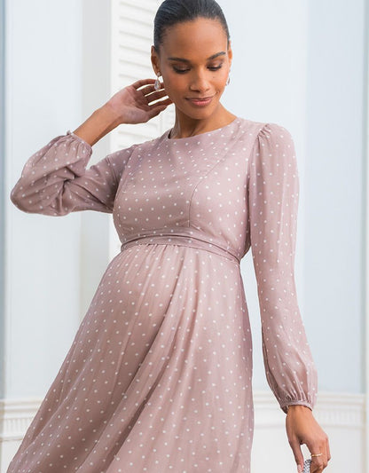 Women Seraphine Dresses Taupe & White Spot Chiffon Maternity To Nursing Dress