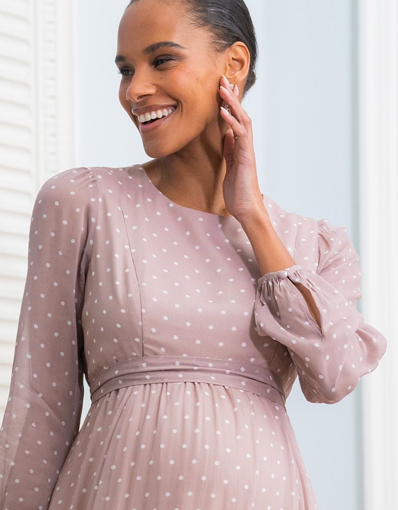 Women Seraphine Dresses Taupe & White Spot Chiffon Maternity To Nursing Dress