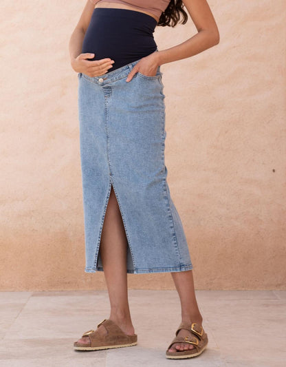 Women Seraphine Jeans Midi-Length Over Bump Denim Maternity Skirt