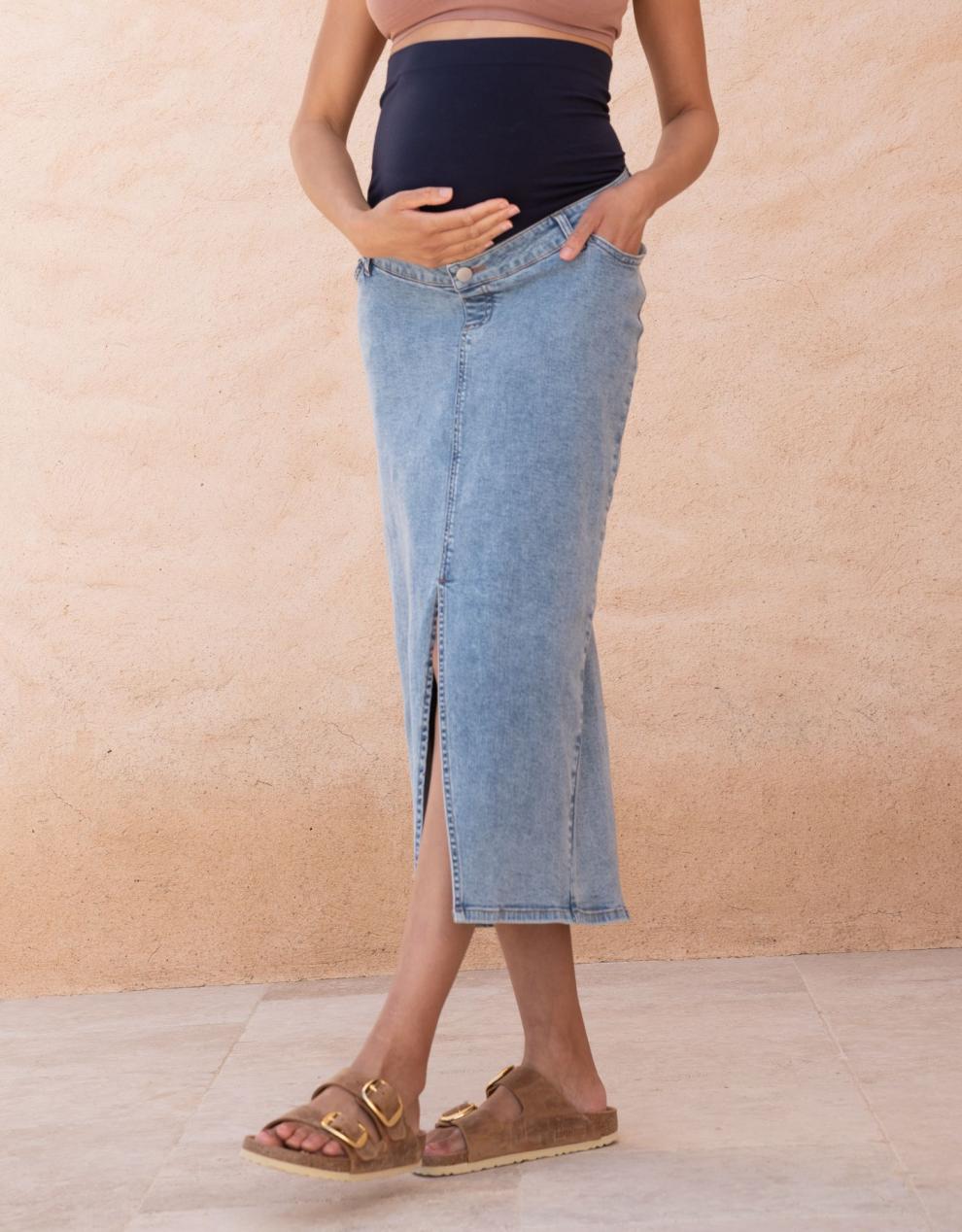Women Seraphine Jeans Midi-Length Over Bump Denim Maternity Skirt