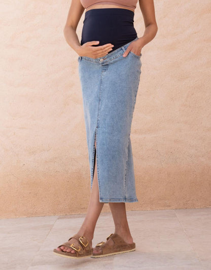 Women Seraphine Jeans Midi-Length Over Bump Denim Maternity Skirt