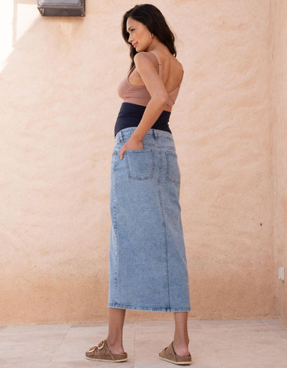 Women Seraphine Jeans Midi-Length Over Bump Denim Maternity Skirt