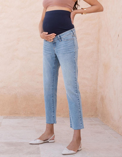 Women Seraphine Jeans Over Bump Frayed Hem Maternity Jeans