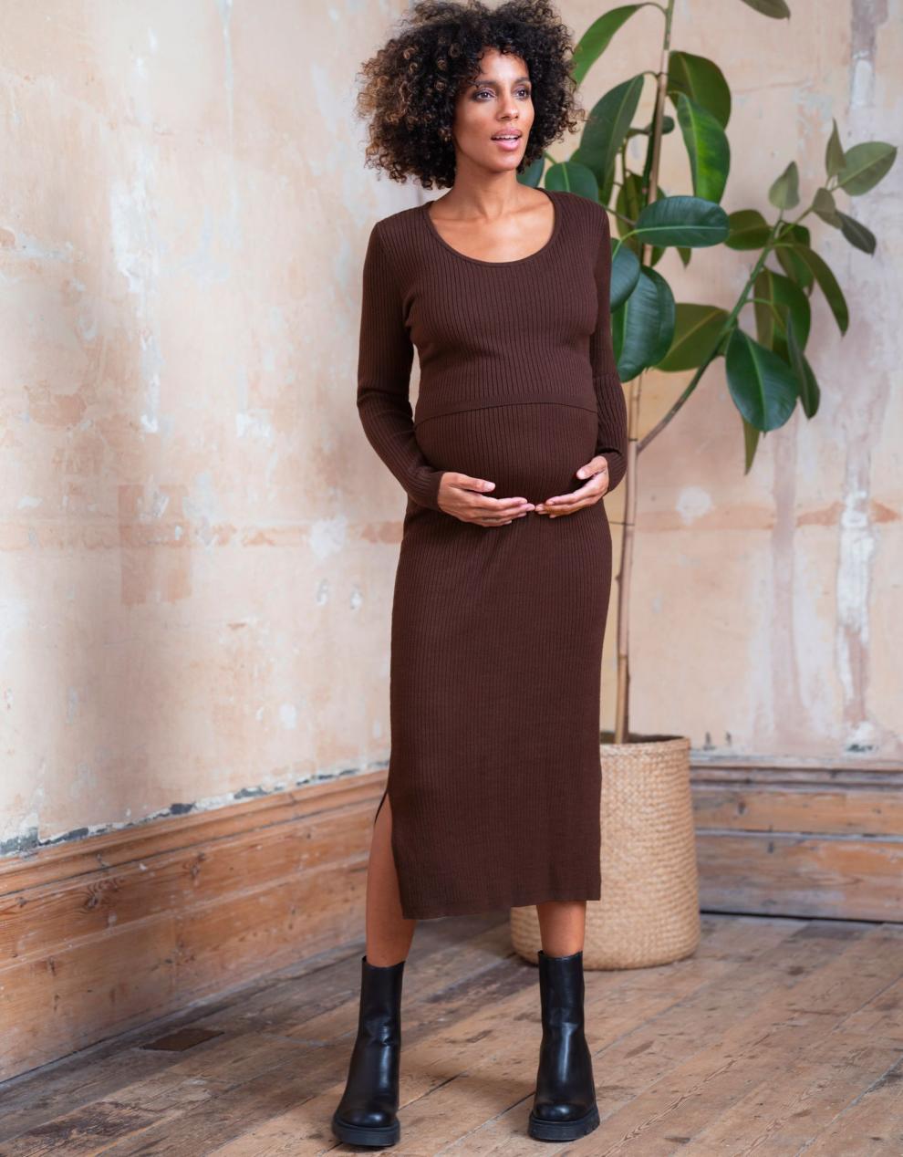 Women Seraphine Jumpers & Knitwear Brown Ribbed Maternity & Nursing Dress