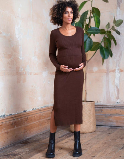 Women Seraphine Jumpers & Knitwear Brown Ribbed Maternity & Nursing Dress