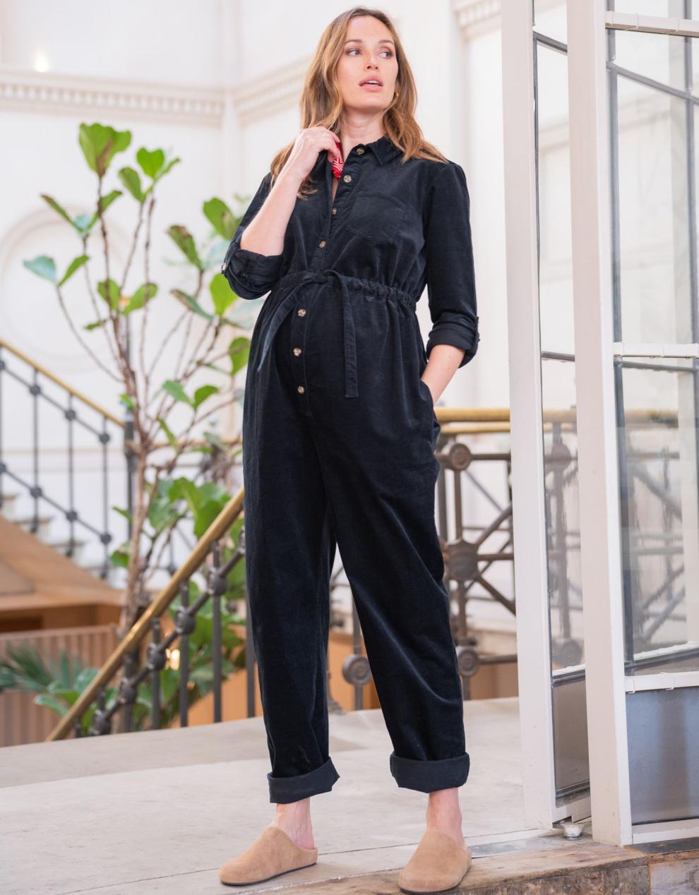 Women Seraphine Jumpsuits Cotton Corduroy Black Maternity Jumpsuit