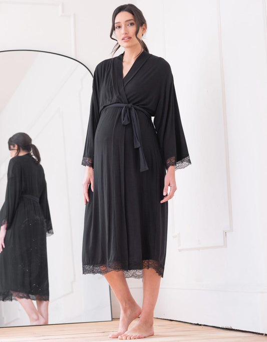Women Seraphine Sleepwear Lace Trim Kimono-Style Dressing Maternity-To-Nursing Gown