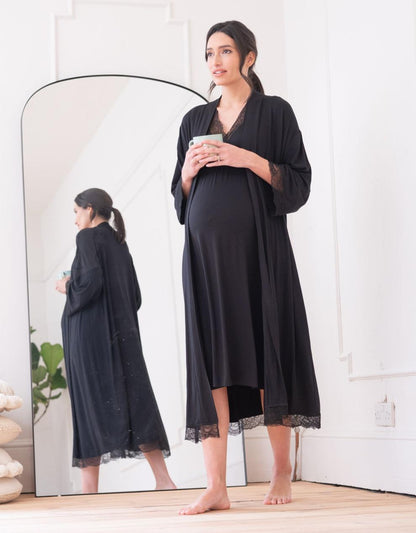 Women Seraphine Sleepwear Lace Trim Kimono-Style Dressing Maternity-To-Nursing Gown