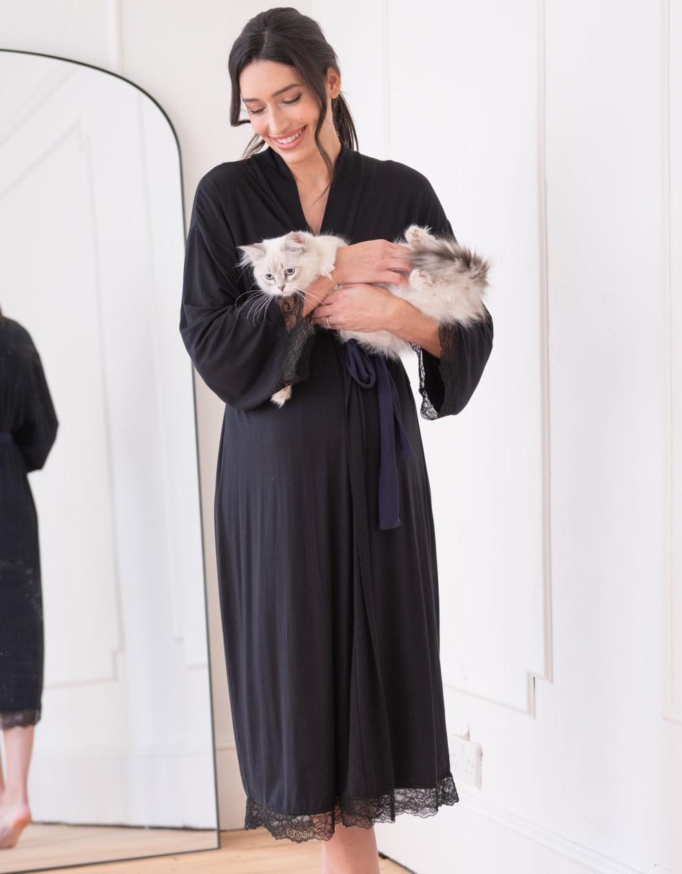 Women Seraphine Sleepwear Lace Trim Kimono-Style Dressing Maternity-To-Nursing Gown