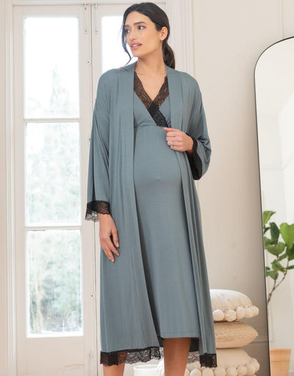 Women Seraphine Sleepwear Lace Trim Kimono-Style Dressing Maternity-To-Nursing Gown
