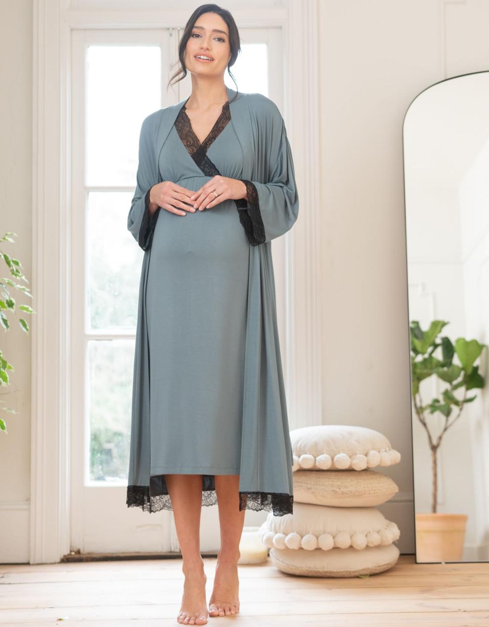 Women Seraphine Sleepwear Lace Trim Kimono-Style Dressing Maternity-To-Nursing Gown