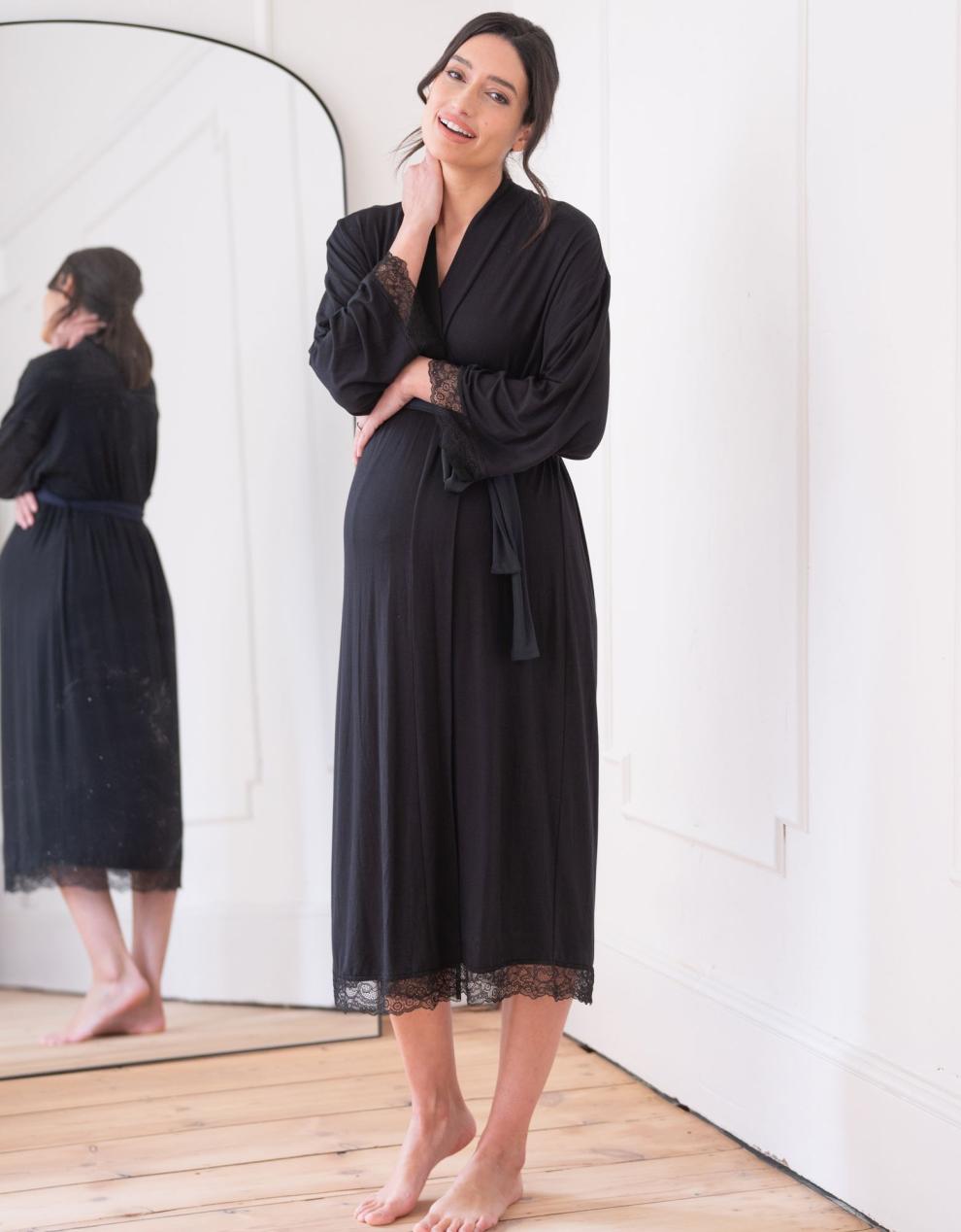 Women Seraphine Sleepwear Lace Trim Kimono-Style Dressing Maternity-To-Nursing Gown