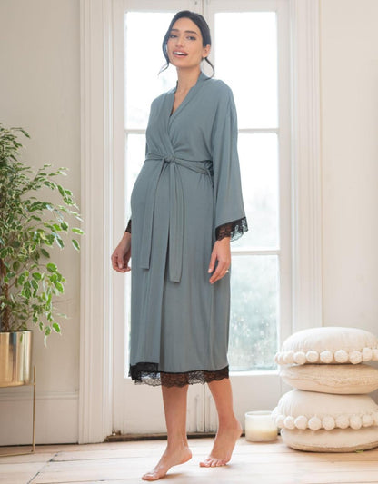 Women Seraphine Sleepwear Lace Trim Kimono-Style Dressing Maternity-To-Nursing Gown