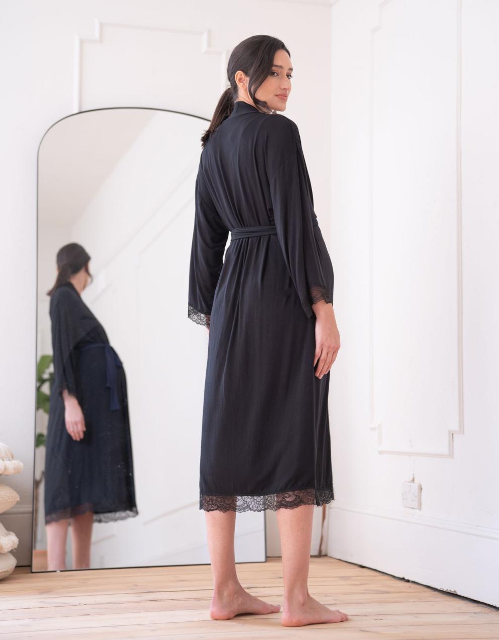 Women Seraphine Sleepwear Lace Trim Kimono-Style Dressing Maternity-To-Nursing Gown