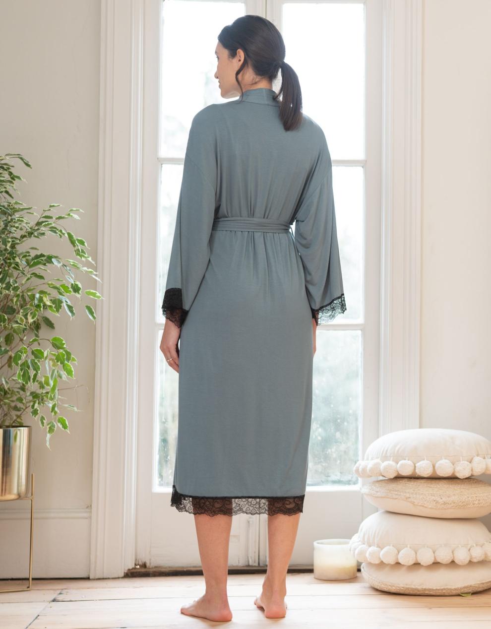 Women Seraphine Sleepwear Lace Trim Kimono-Style Dressing Maternity-To-Nursing Gown