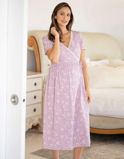 Women Seraphine Sleepwear Lilac Floral Cotton Maternity & Nursing Night Dress