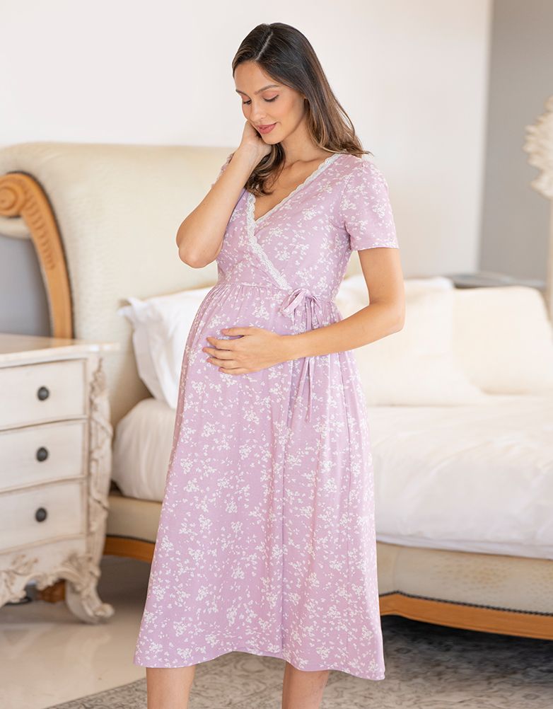 Women Seraphine Sleepwear Lilac Floral Cotton Maternity & Nursing Night Dress