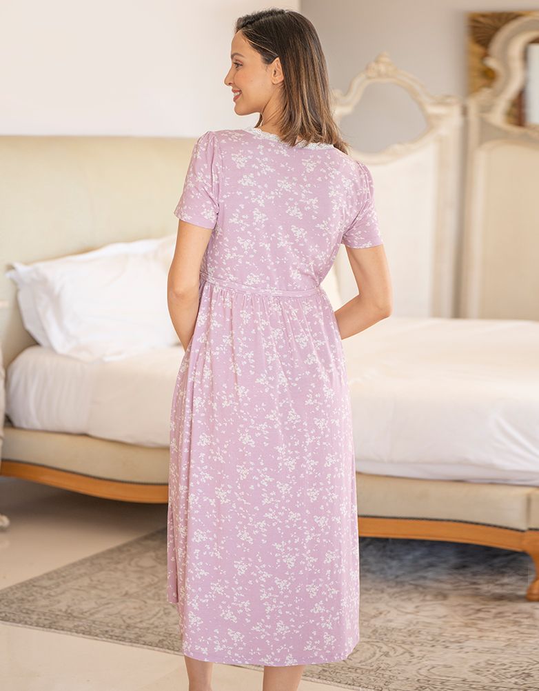 Women Seraphine Sleepwear Lilac Floral Cotton Maternity & Nursing Night Dress