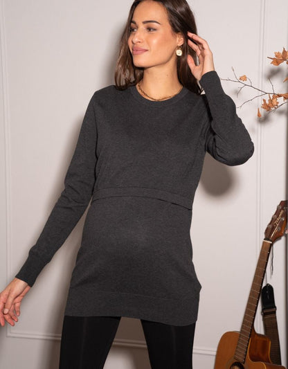 Women Seraphine Tops Charcoal Cotton Lift Up Maternity & Nursing Sweater